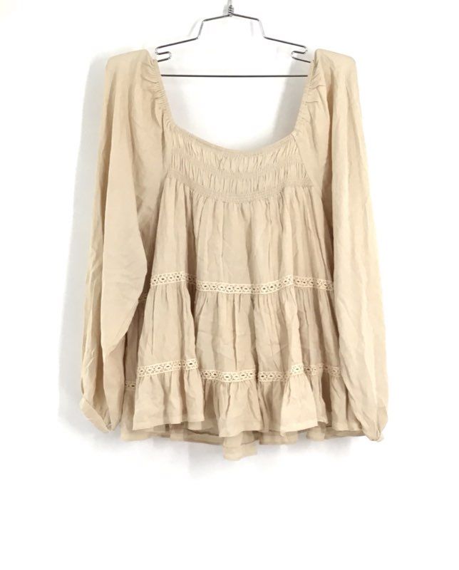 Miss Me Women&#39;s Beige Ruffle Long Sleeve Square Neck Blouse - Size Small