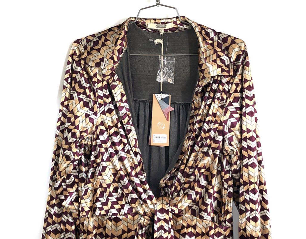 Gimmicks Women's Purple Gold Geometric Print Tie Front Velour Tunic Dress NWT L