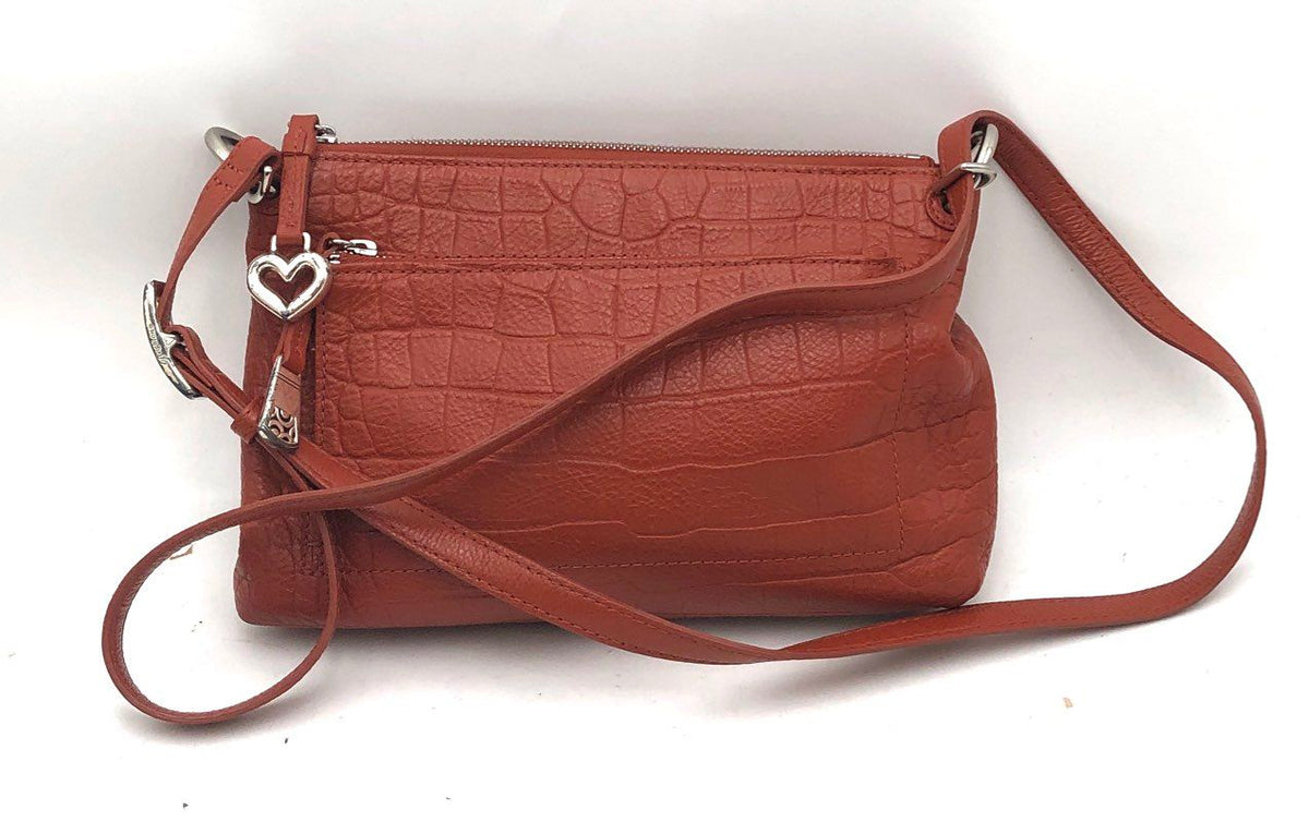 Brighton Rust Croc Embossed Leather Crossbody Bag Silver Heart Charm Purse