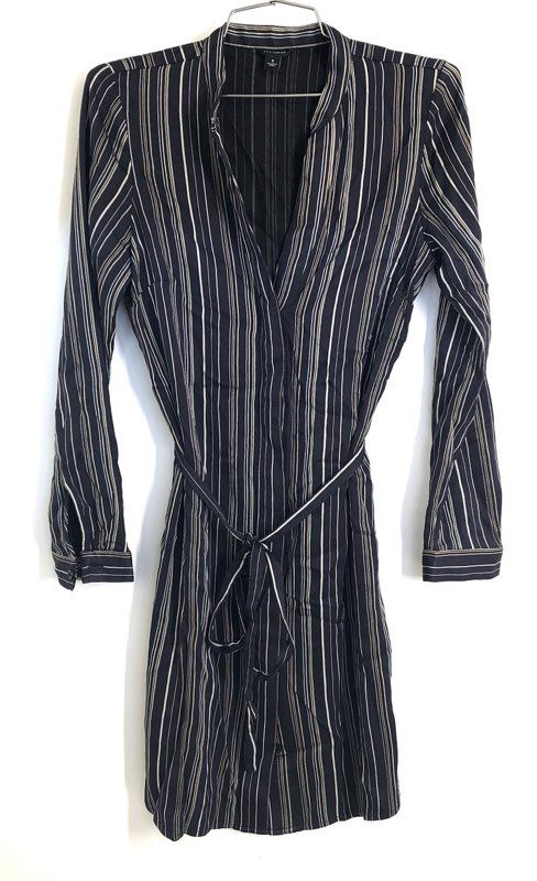 Ann Taylor Women's Navy Striped Shirt Dress Tie Waist Long Sleeve V-Neck Sz S