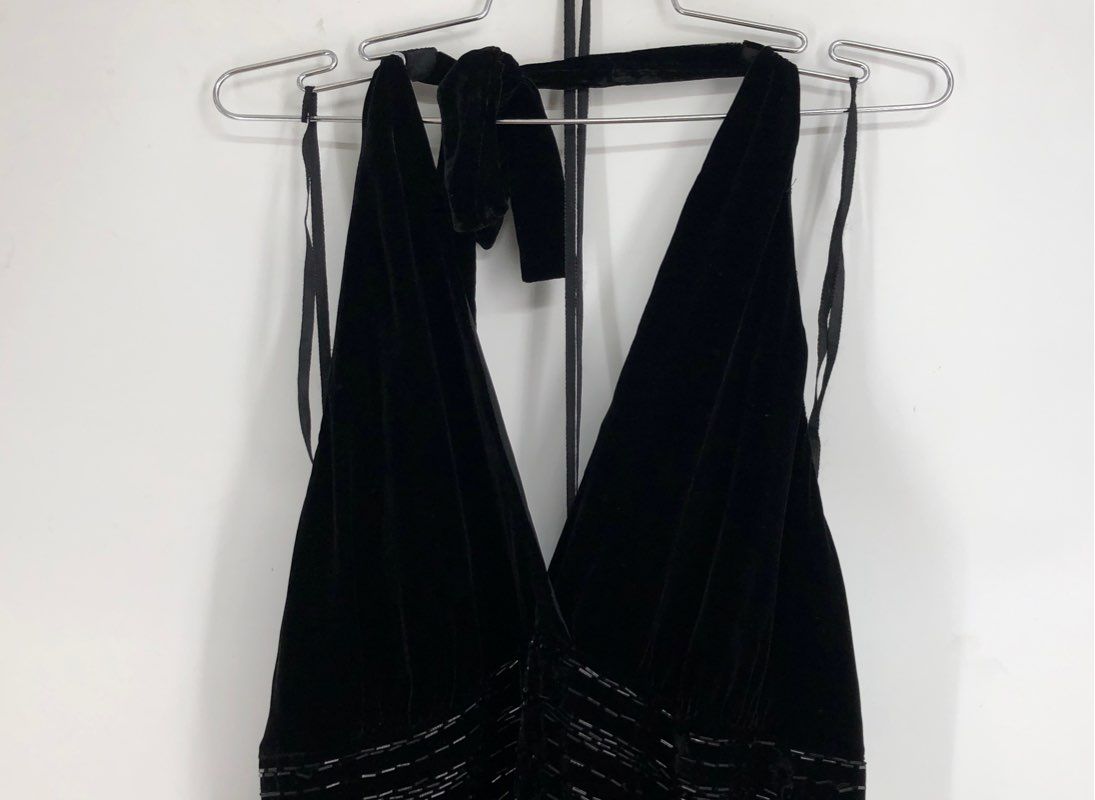 Vintage Jones New York Women's Black Silk Velvet Beaded Halter Dress Sz 16 NWT