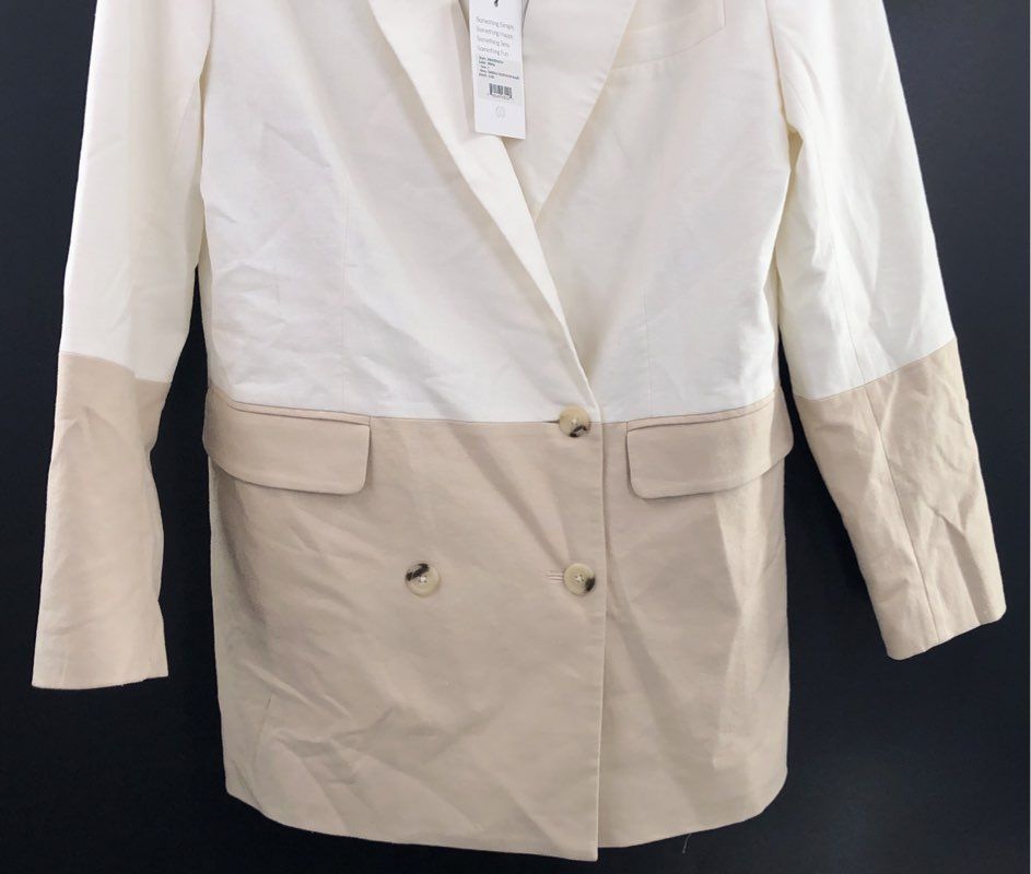 Something Navy Women's Danella Colorblock Linen Blend Blazer White Tan Sz L NWT