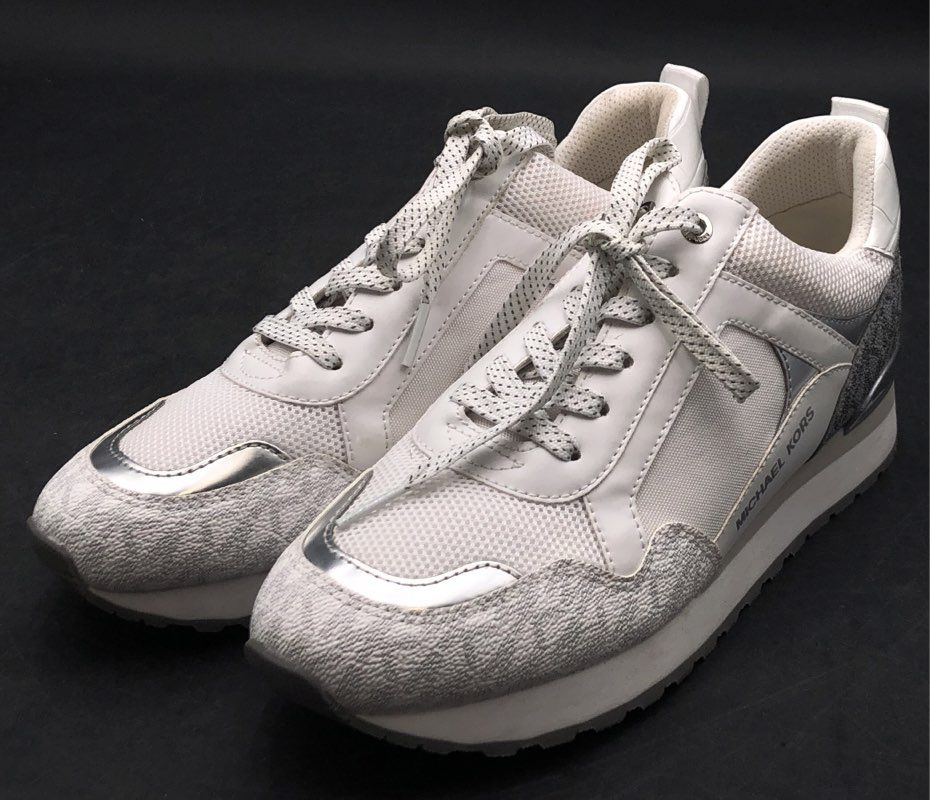 Michael Kors Allie Stride White Silver MK Logo Lifestyle Sneakers Size 8.5