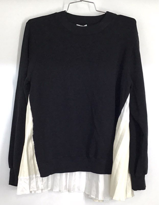 Clu Women's Black Sweatshirt White Contrast Pleated Satin Back Mixed Media Sz S