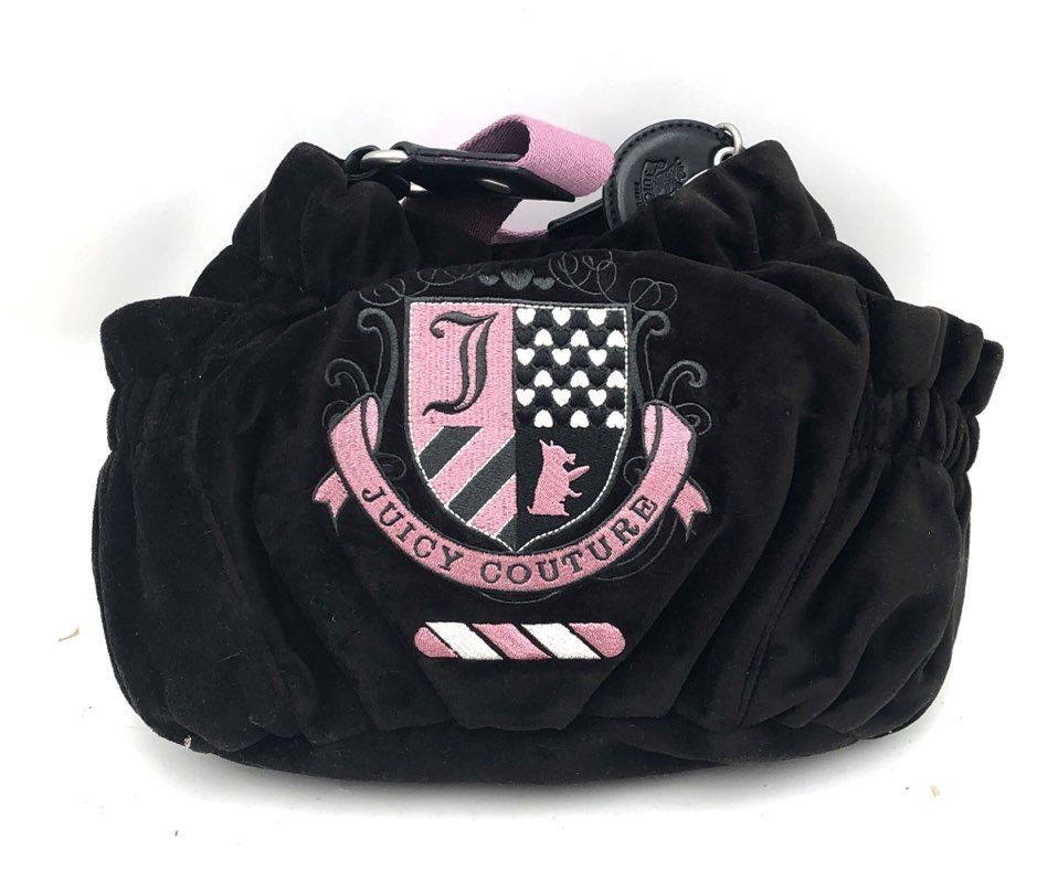Vintage Juicy Couture Black Velour Crest Handbag NWT & Heart Keychain Lot of 2