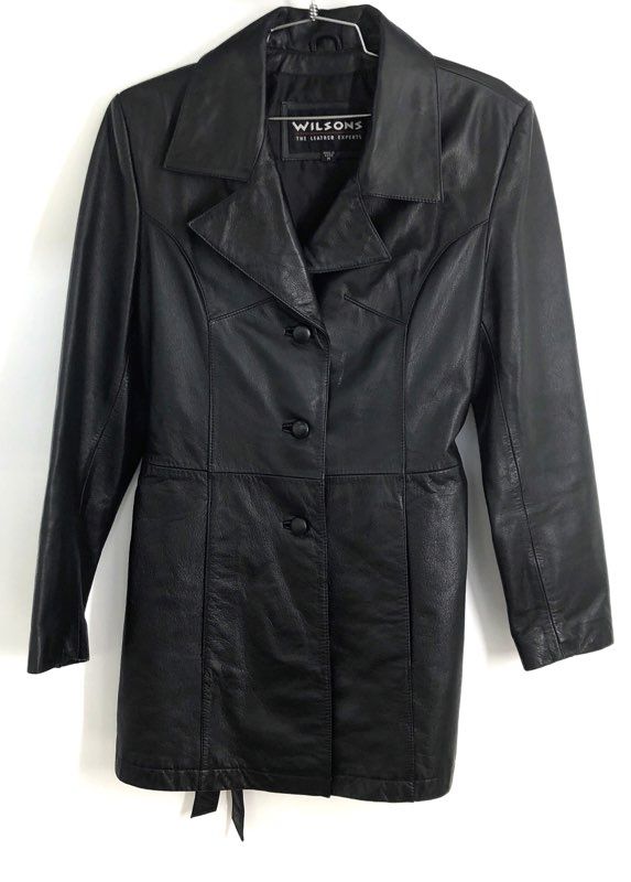 Wilsons Women's Black Leather Belted Trench Coat Jacket Vintage 90s Sz M
