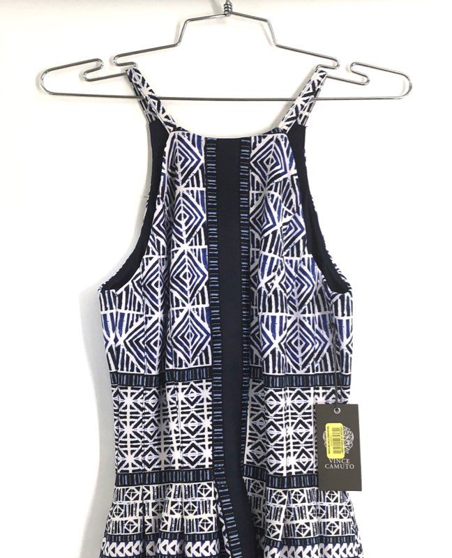 Vince Camuto Women's Navy White Geometric Racerback Fit and Flare Dress NWT Sz 0