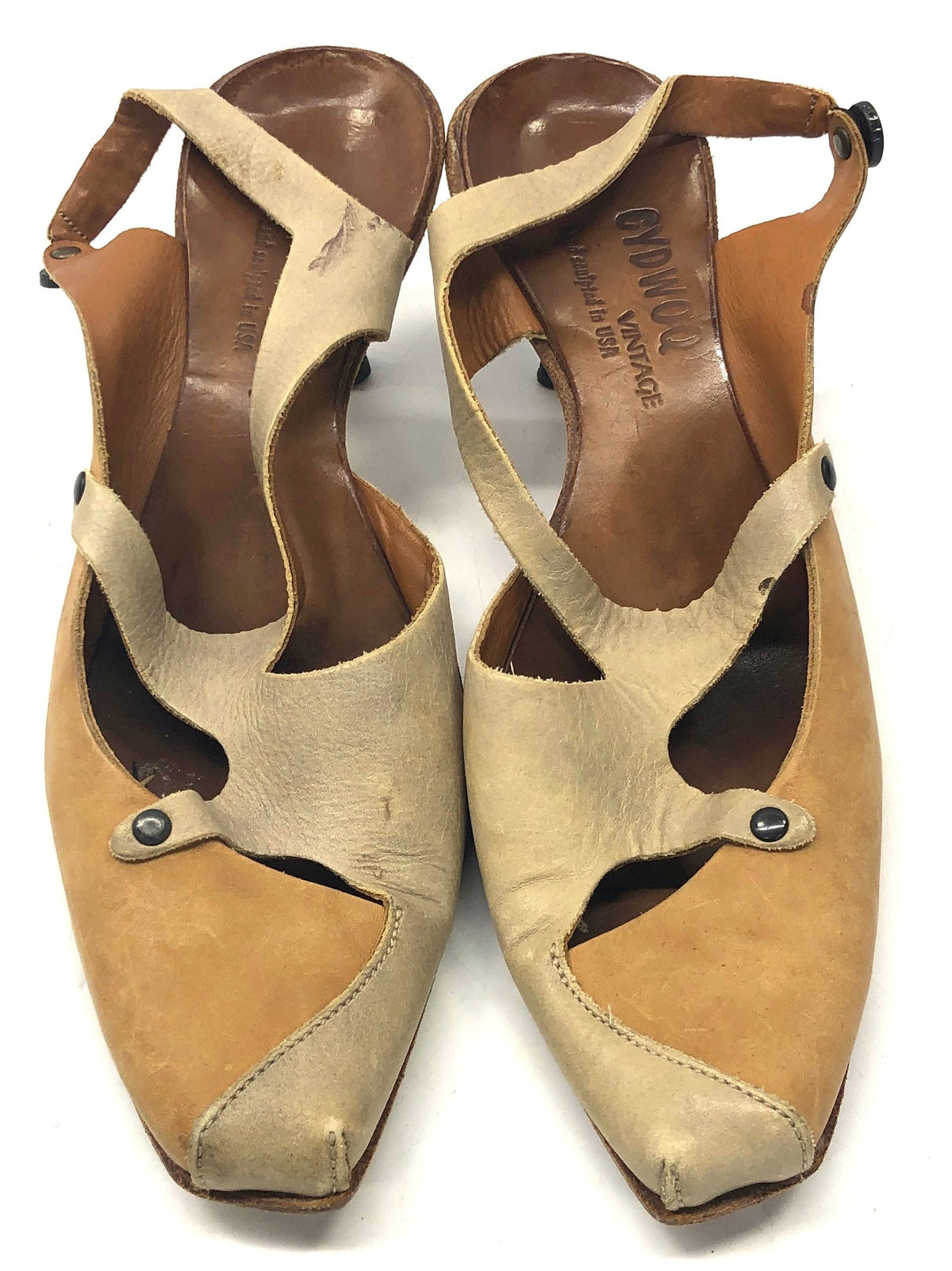 Vintage Cydwoq Hand Sculpted Leather Slingback Kitten Heel Sandals Tan Size 38