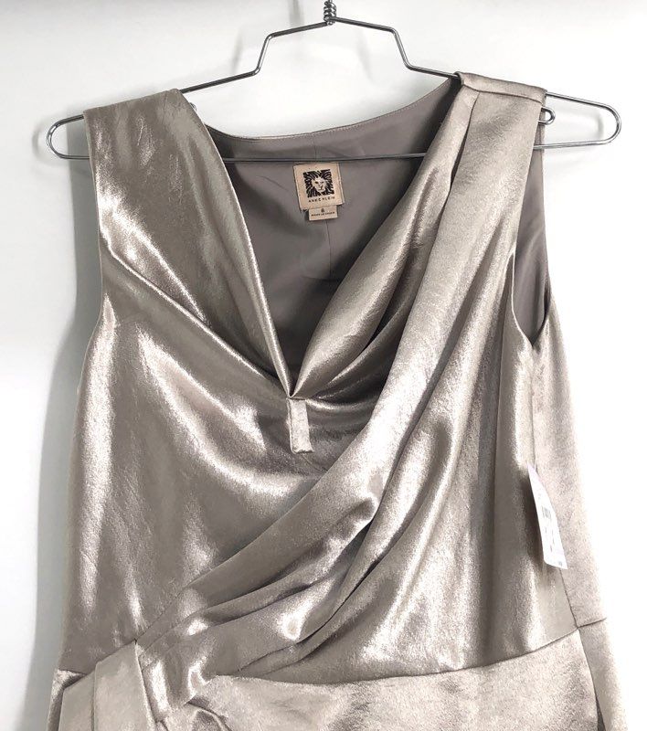 Anne Klein Women's Silver Metallic Cowl Draped Ruffle Sheath Dress NWT Sz 6