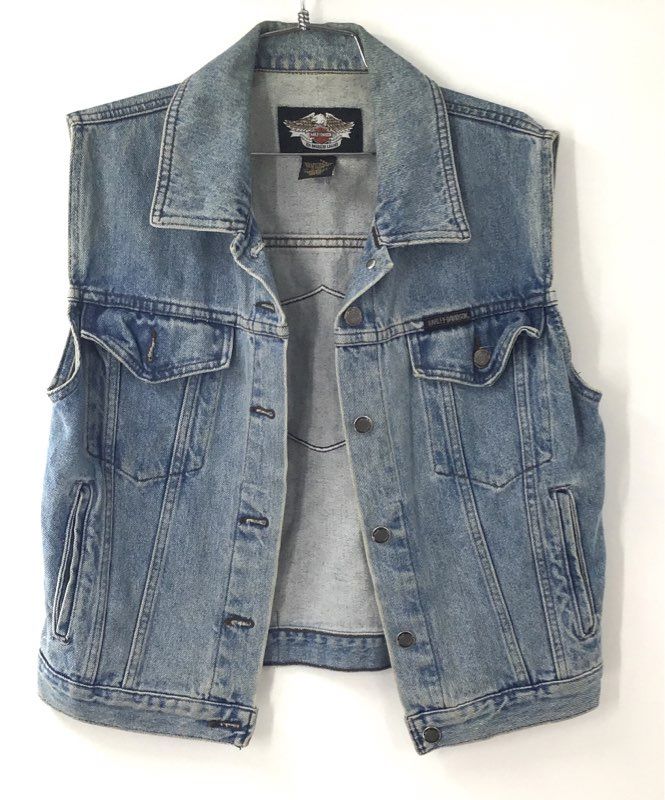 Vintage 90s Harley-Davidson Denim Trucker Back Patch Vest Made in Canada Sz M