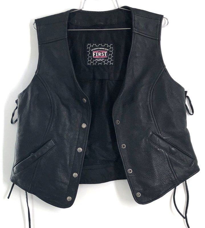 First Mfg Co Women's Black Leather Motorcycle Riding Vest Side Lace Snap Front