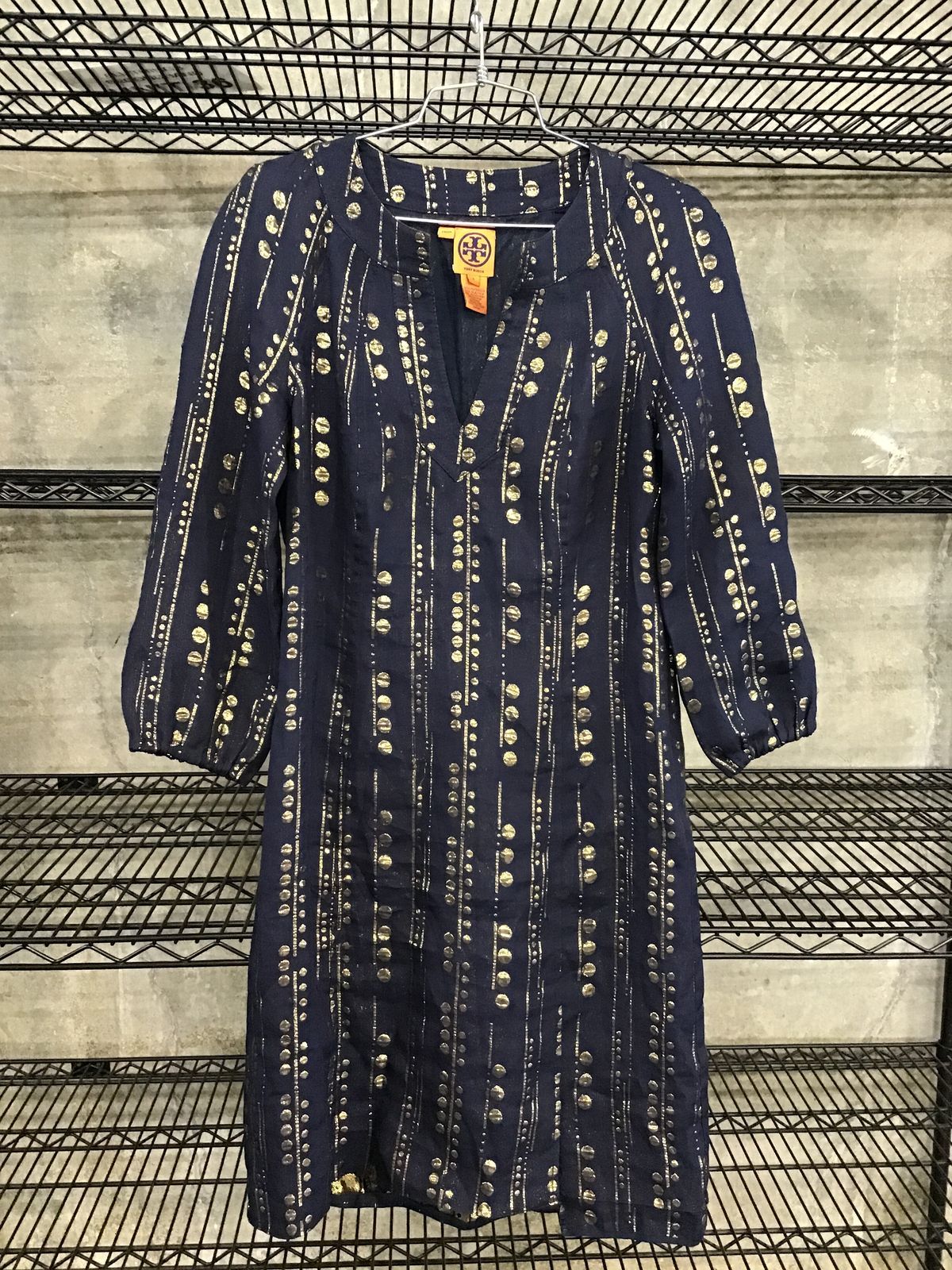 Tory Burch Navy Blue\Gold Silk Blend Tunic Dress-Size: 6 (+COA)