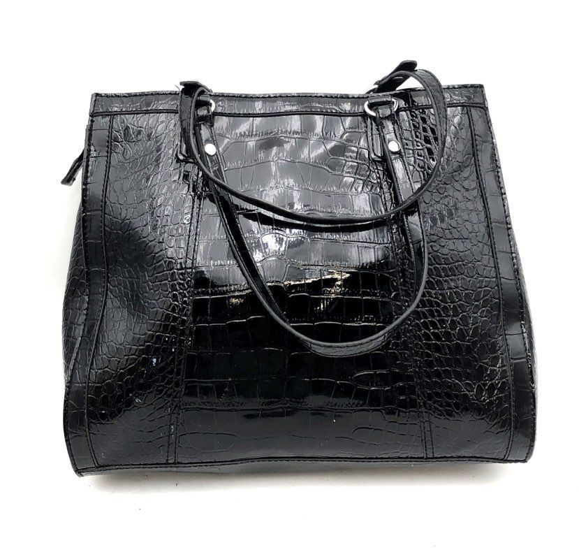 Vintage Guess Black Croc Embossed Patent Faux Leather Tote Shoulder Bag Y2K