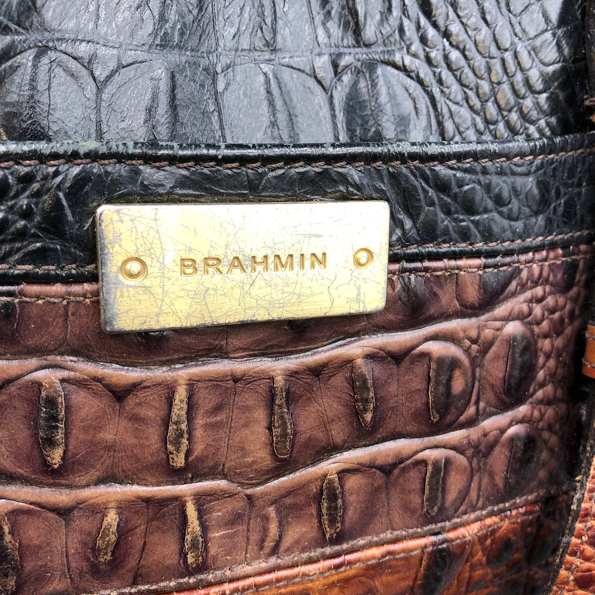 Brahmin Vintage Brown Black Croc Embossed Leather Tote Bag COA