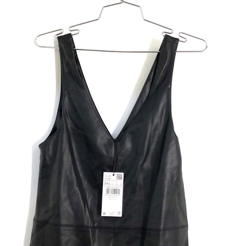 Mango Women's Black Faux Leather Pichi 447Sixties Pinafore Dress NWT Sz XXS