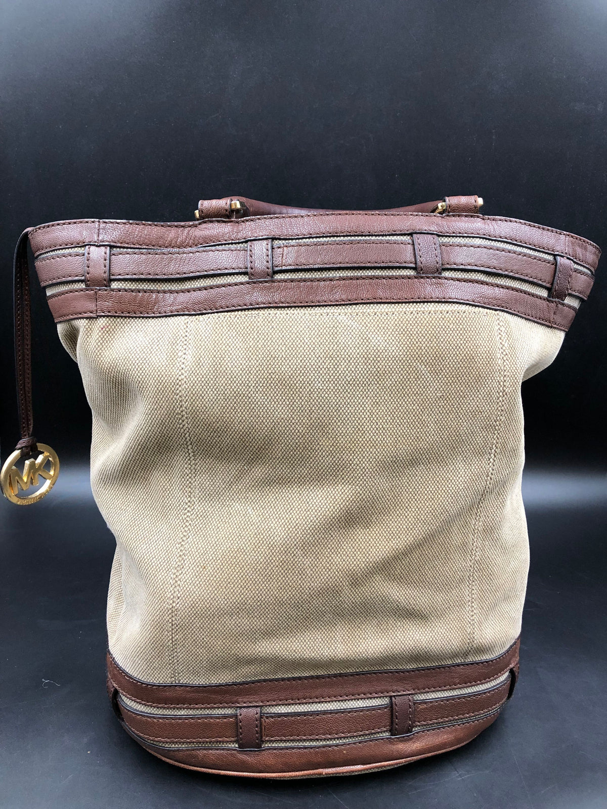Vintage Michael Kors Brown Burlap Leather Chine Tote Bag Gold Hardware COA