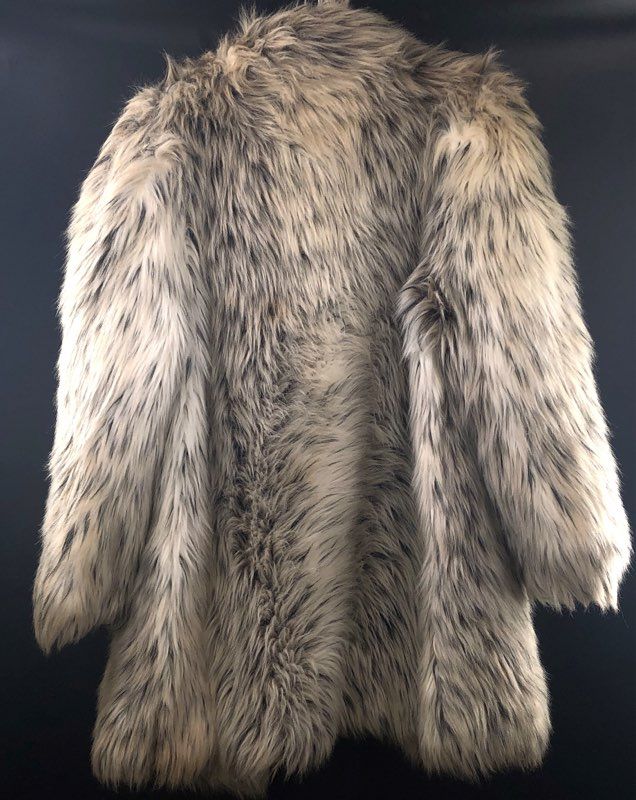 Vintage 80s Outerlayers Women's Cream Black Shag Faux Fur Coat Sz 11/12