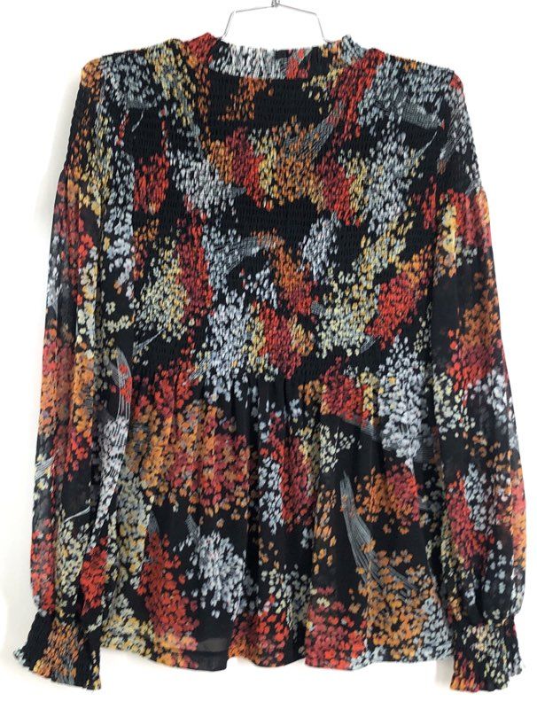 Akemi + Kin Women's Black Floral Smocked Long Sleeve V-Neck Peplum Blouse Sz XS