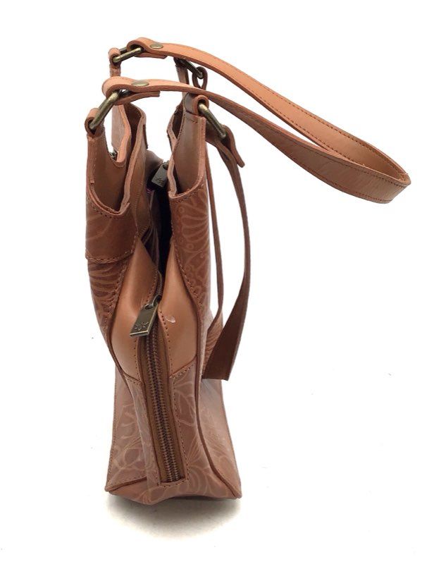 Anuschka Tan Brown Embossed Leather Floral Butterfly Shoulder Bag Handbag