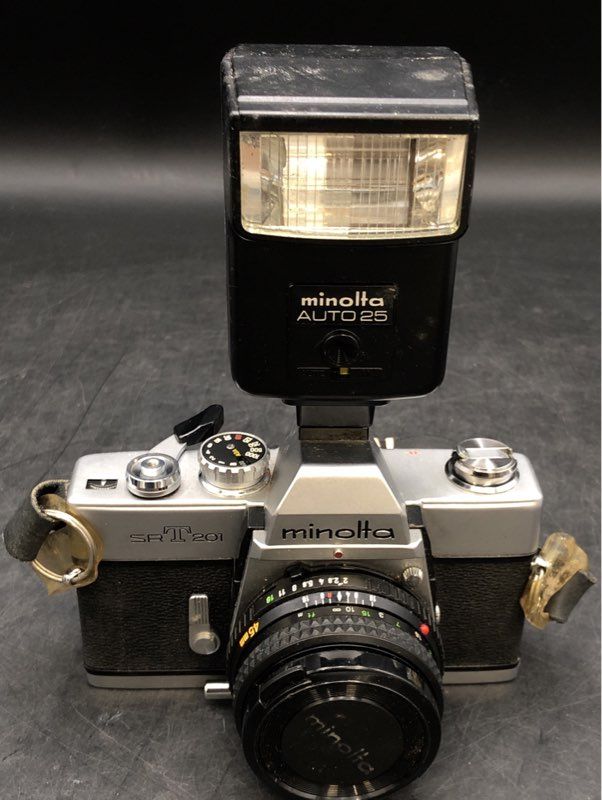 Minolta SRT 201 35mm SLR Film Camera With Lens & Flash