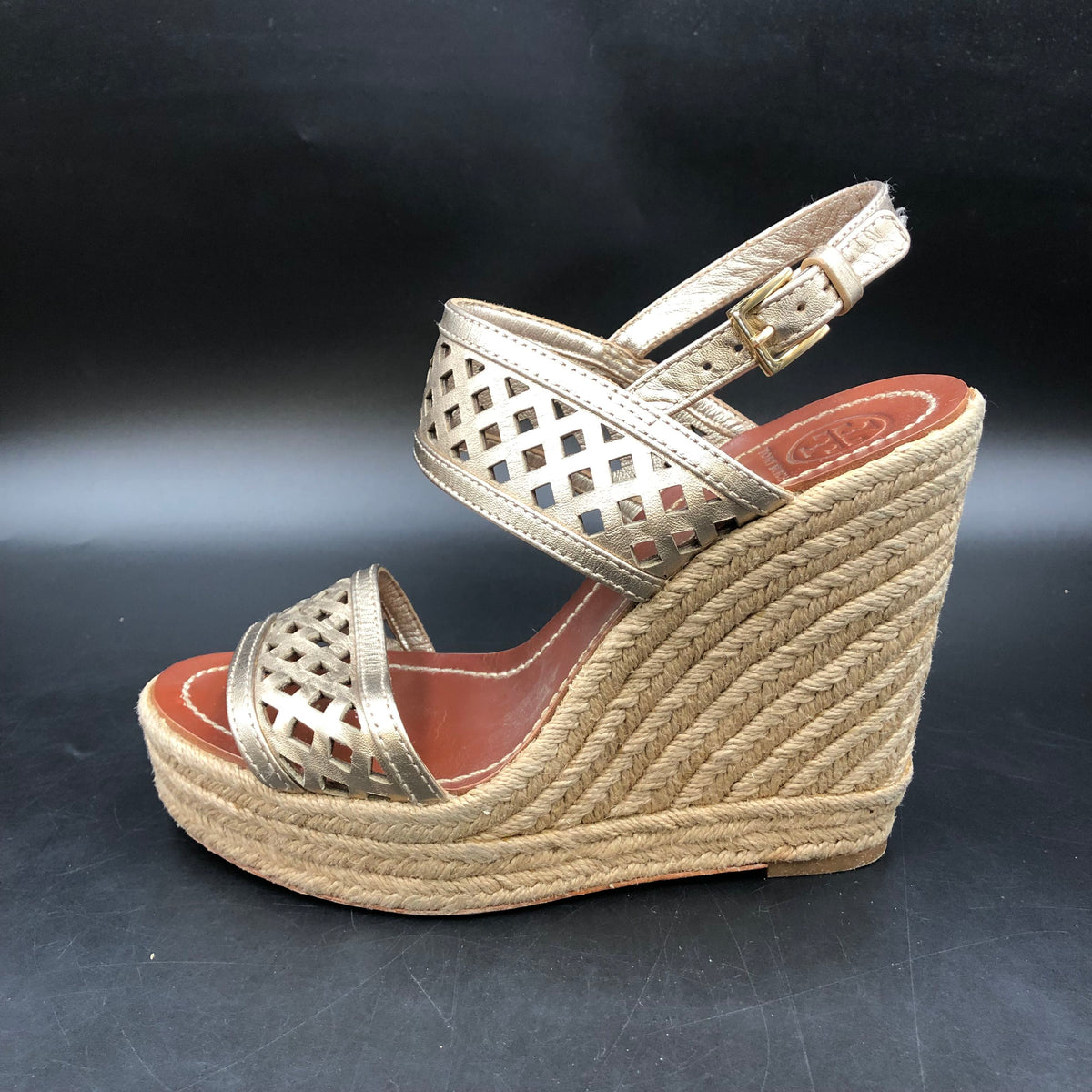 Tory Burch Metallic Gold Laser-Cut Espadrille Wedge Sandals Size 7 COA