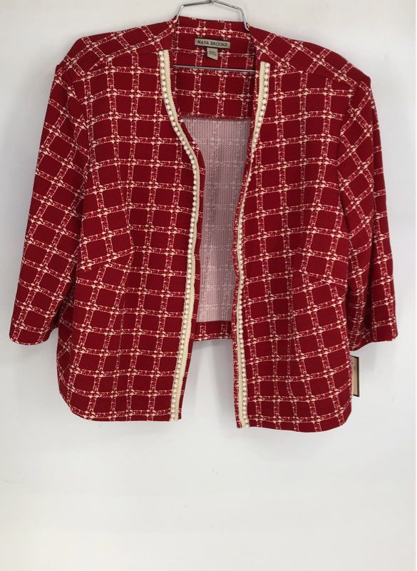 NWT Maya Brooke Crimson Red Grid Plaid Pearl Trim Blazer Jacket Sze 22W
