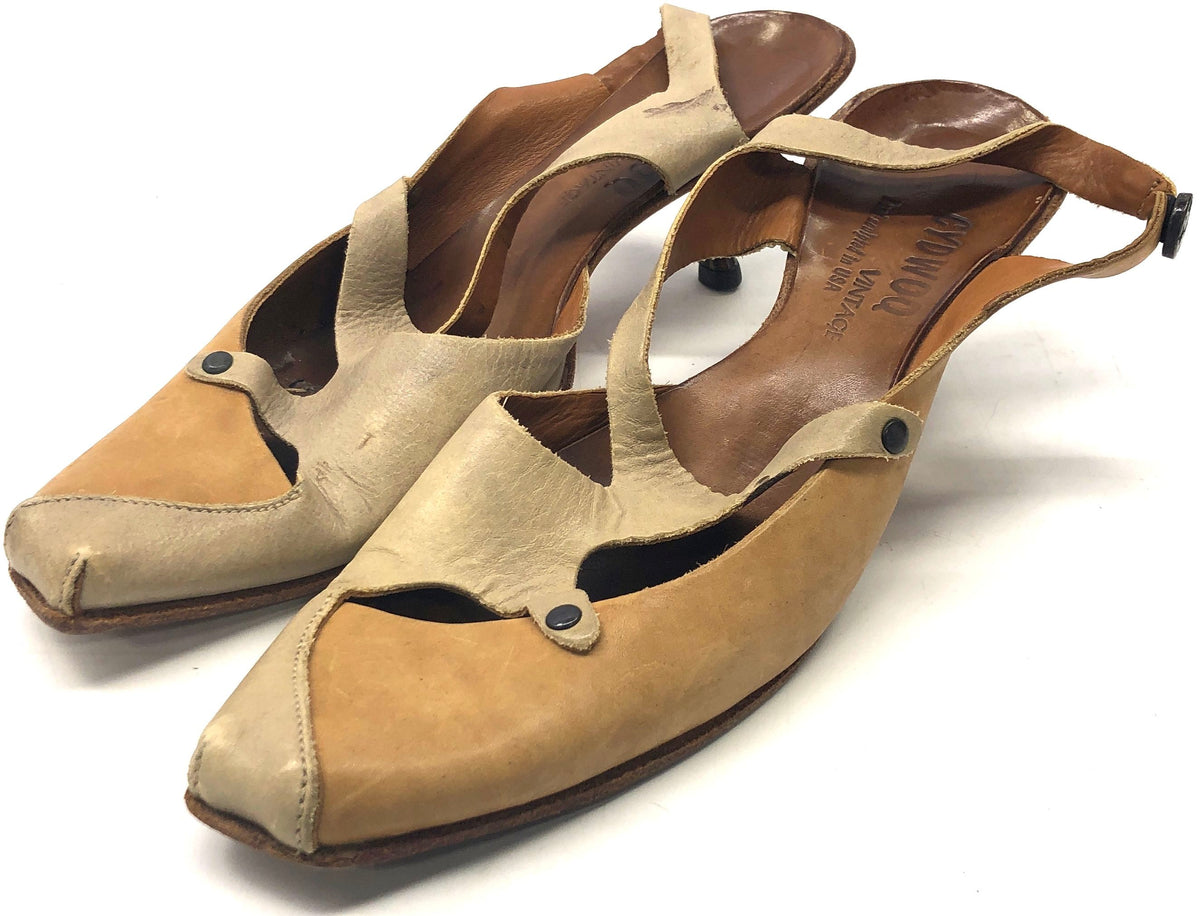 Vintage Cydwoq Hand Sculpted Leather Slingback Kitten Heel Sandals Tan Size 38