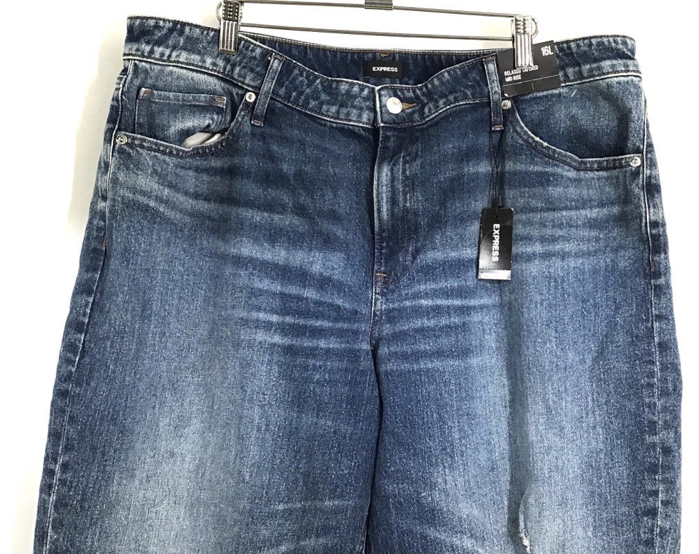 Express Women's Relaxed Tapered Mid Rise Distressed Blue Jeans Sz 16L NWT