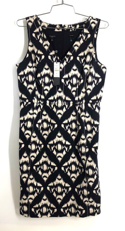 Talbots Petites Women's Navy Cream Geometric Ikat V-Neck Sheath Dress NWT 8P