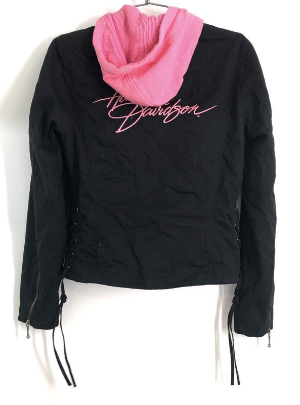Harley-Davidson Women's Black Cotton Moto Jacket Pink Hood Side Lace Sz S