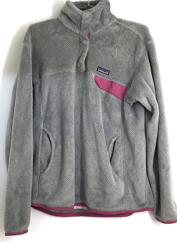 Patagonia Women's Gray Re-Tool Snap-T Pullover Fleece Jacket Pink Trim Size L