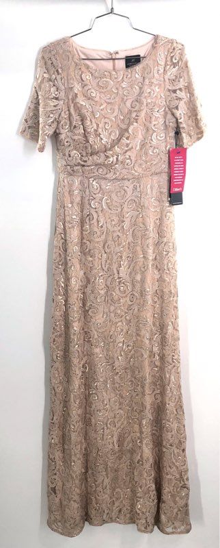 Adrianna Papell Women's Blush Sequin Lace Gown Short Sleeve Maxi Dress Sz 4 NWT