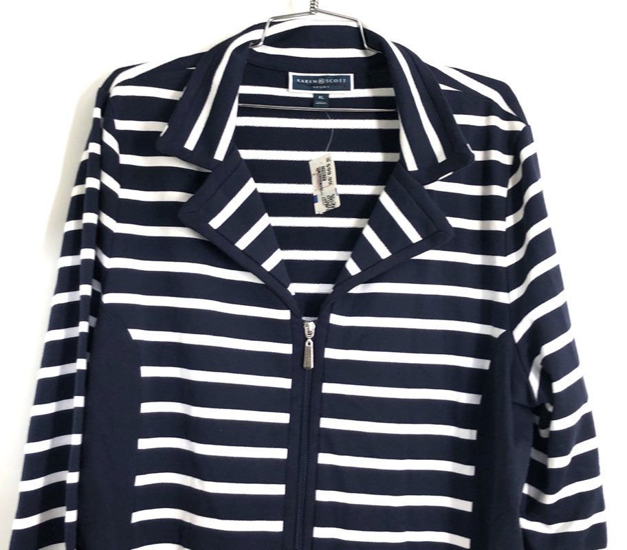 Karen Scott Sport Women's Navy White Striped Full Zip Jacket Cardigan Sz XL NWT