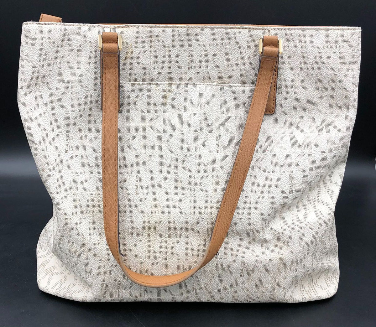 Authentic Michael Kors Women&#39;s Beige White Luxury Leather Tote Bag -COA Included