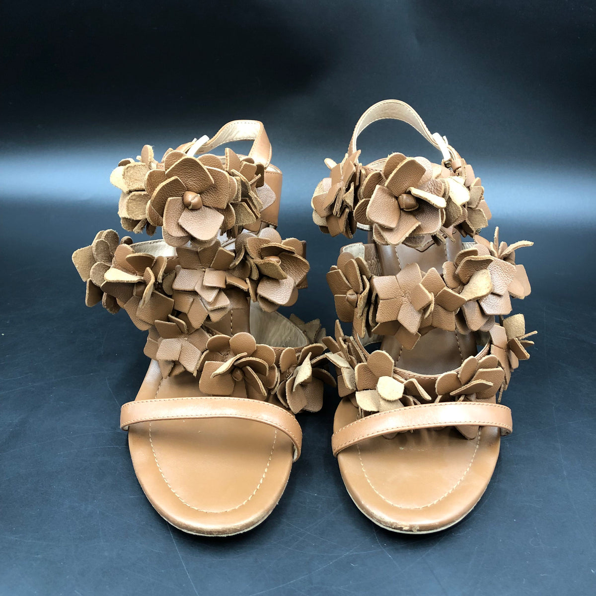 Tory Burch Blossom Floral Applique Brown Leather Block Heel Sandals Size 7 COA