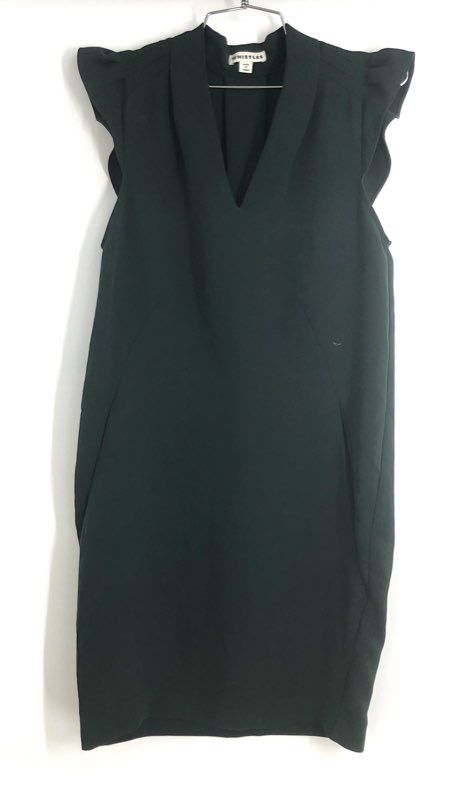 Whistles Women's Dark Green Flutter Sleeve V-Neck Crepe Shift Dress Sz 2