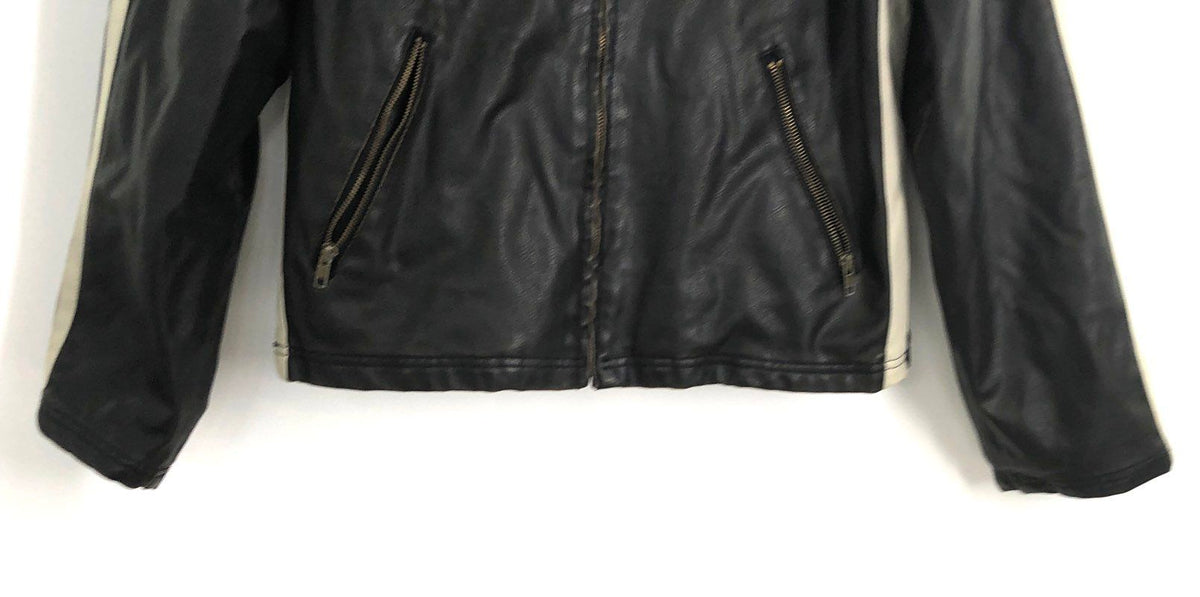 Arizona Men's Black Cream Stripe Faux Leather Cafe Racer Moto Jacket Sz L