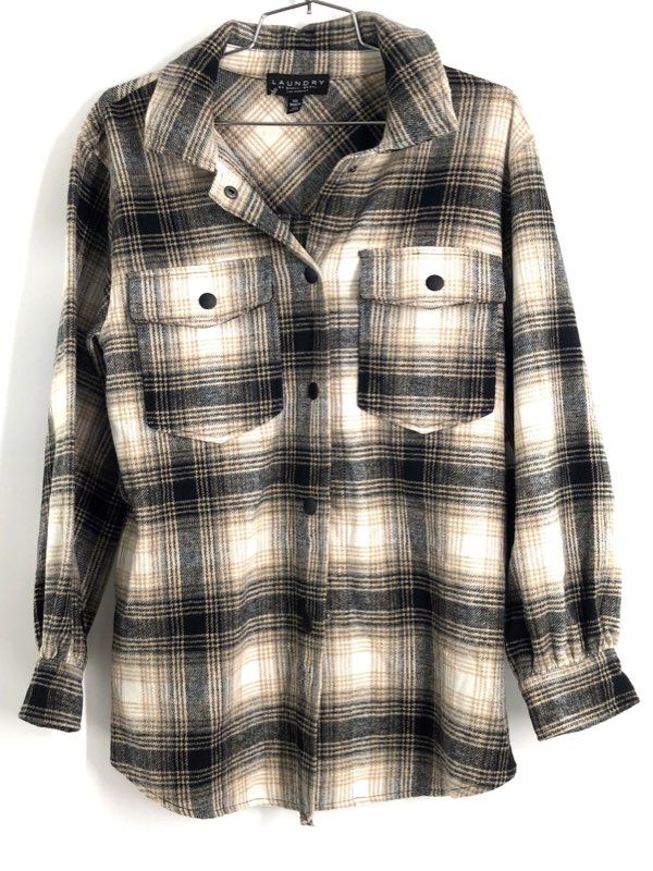 Laundry by Shelli Segal Women's Mink Plaid Shacket Shirt Jacket Tan Black NWT XS