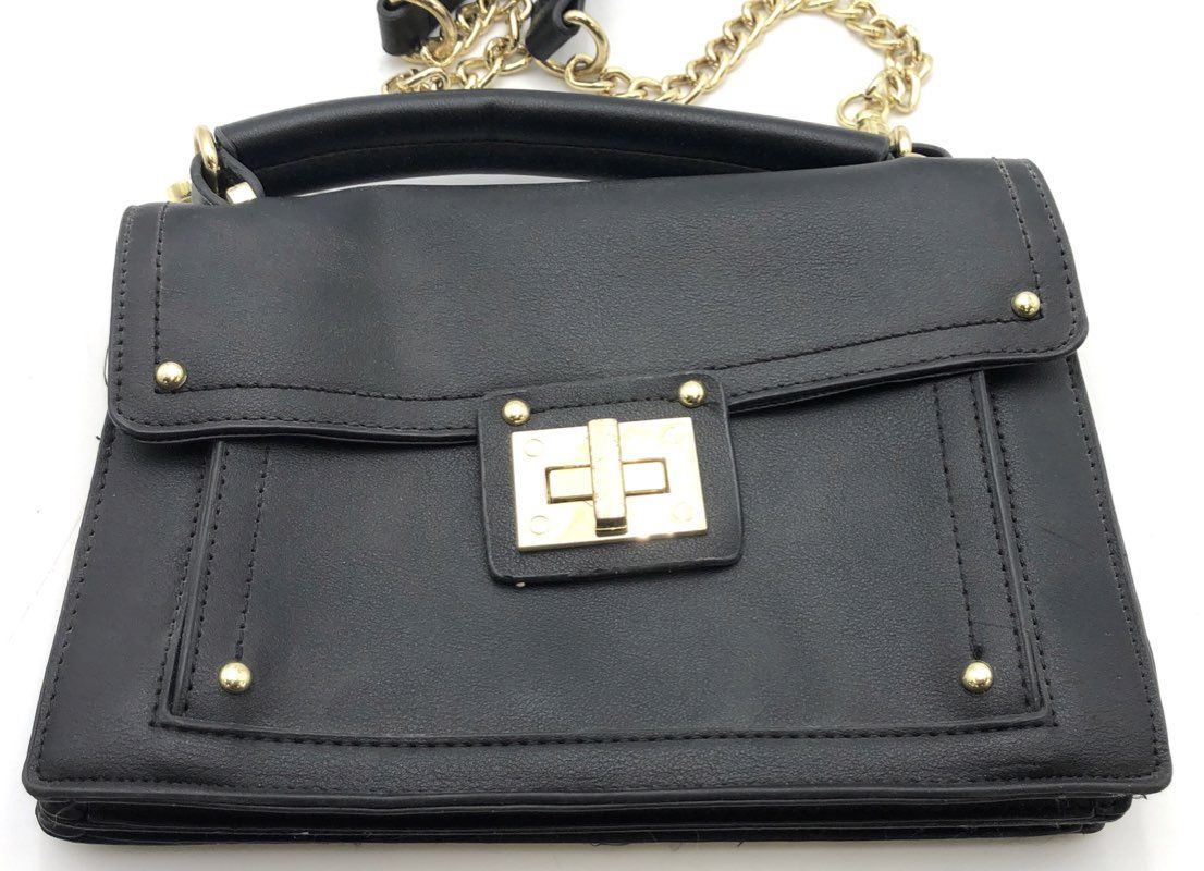 Steve Madden Black PU Leather Flap Satchel Crossbody Bag Gold Hardware