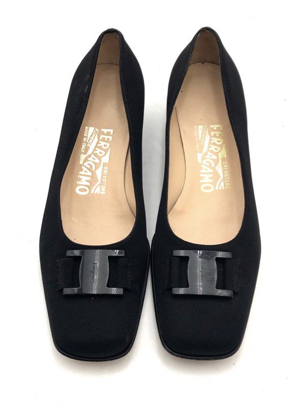 Salvatore Ferragamo Black Fabric Gancini Buckle Low Block Heel Pumps Size 6.5B