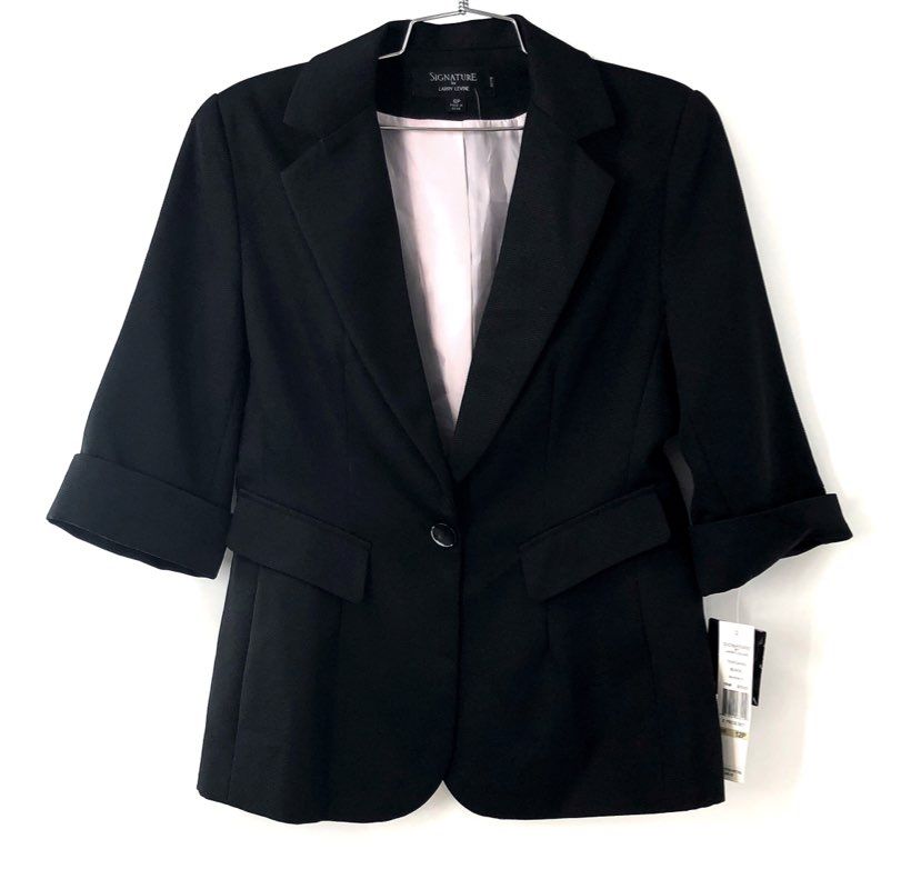 Signature by Larry Levine Women's Black 3/4 Sleeve Cuffed Blazer Jacket NWT 12P
