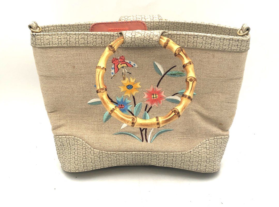 Bueno Beige Floral Embroidered Butterfly Bamboo Handle Handbag