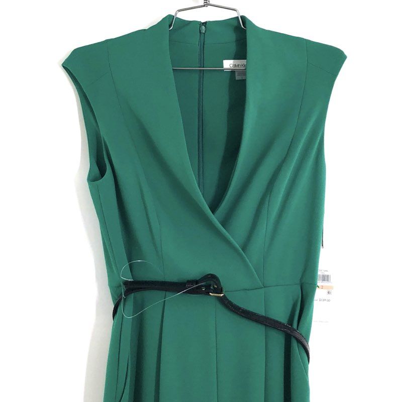 Calvin Klein Women's Green Wide Leg Sleeveless Belted Jumpsuit NWT Size 2