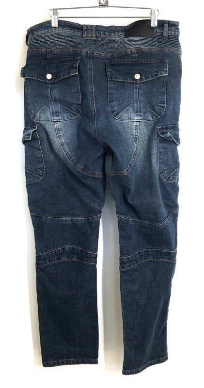 Men's Blue Denim Biker Motorcycle Pants Reinforced Knee Cargo Sz EU M JP L