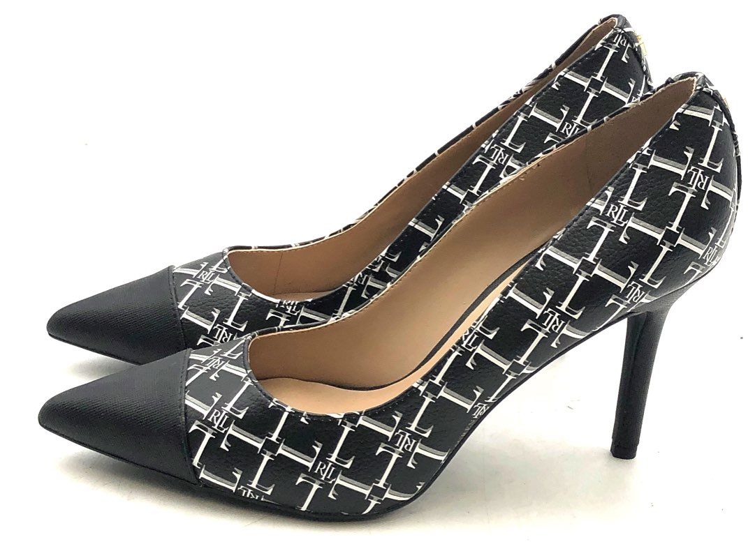 Lauren Ralph Lauren Monogram Cap Toe Pointed Toe Pumps Black White Size 7B