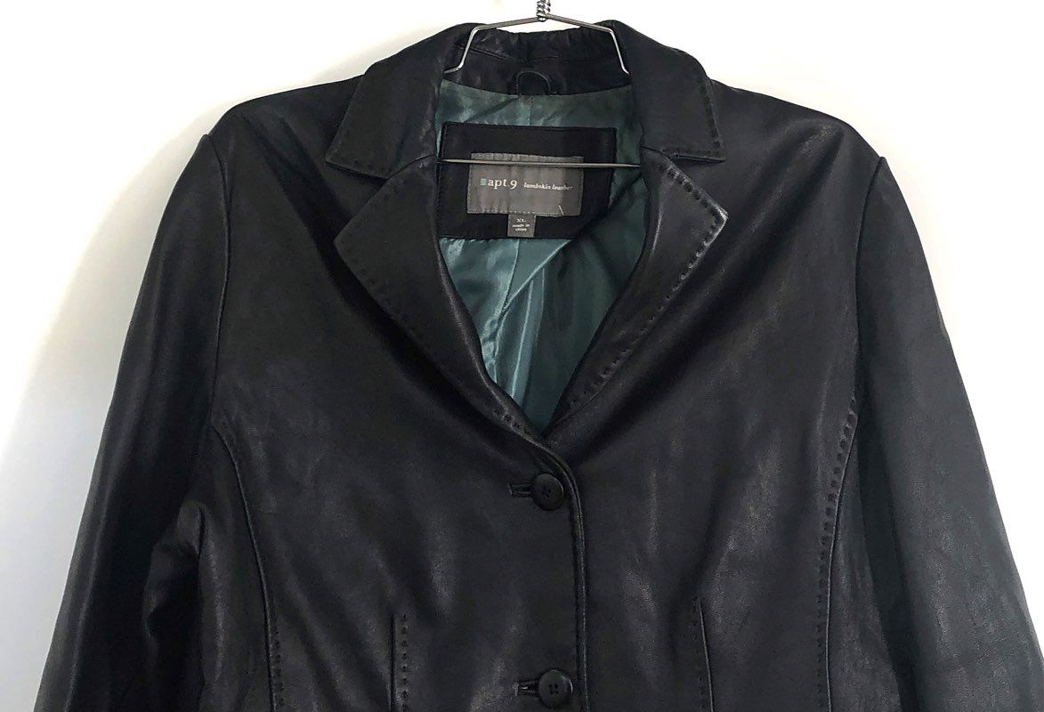 Apt. 9 Women's Black Lambskin Leather Blazer Jacket 3-Button Teal Lining Sz XL