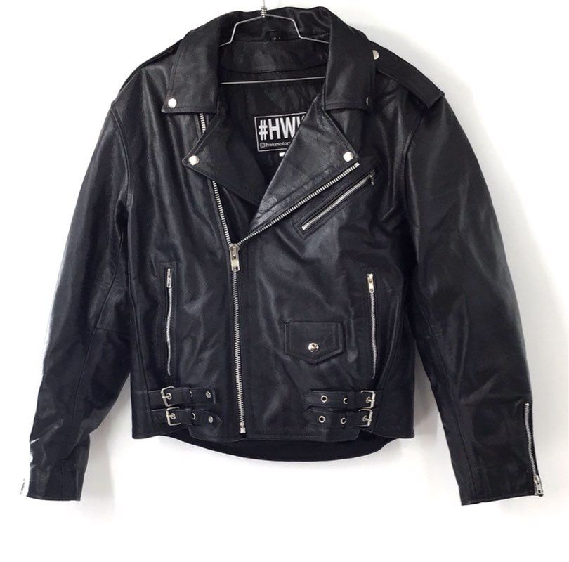 HWK Men's Leather Motorcycle Biker Jacket Black Asymmetrical Zip Size L