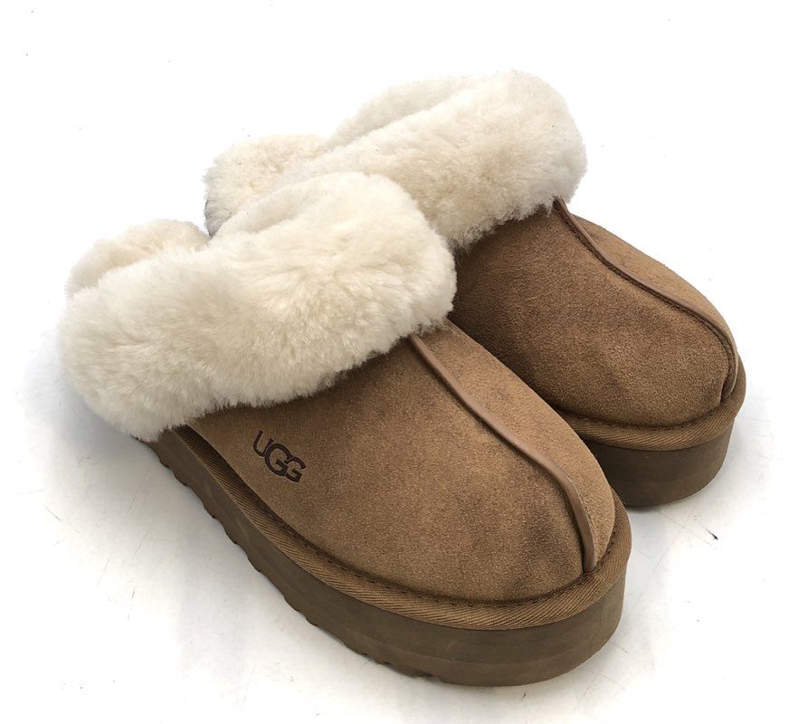 UGG Disquette Chestnut Suede Sheepskin Platform Slippers Women's Size 5
