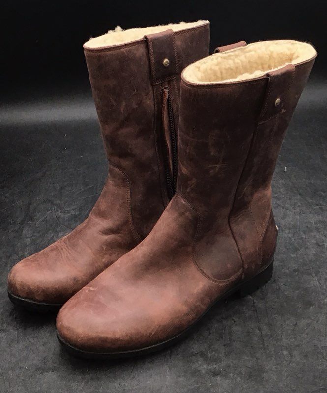 UGG 1001993 Brown Leather Shearling Lined Side Zip Boots Womens Size 6.5