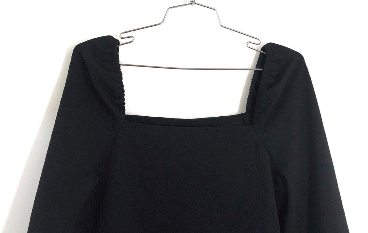 Madewell Women's Black Square Neck Puff Sleeve Textured Crepe Blouse Top Sz XS